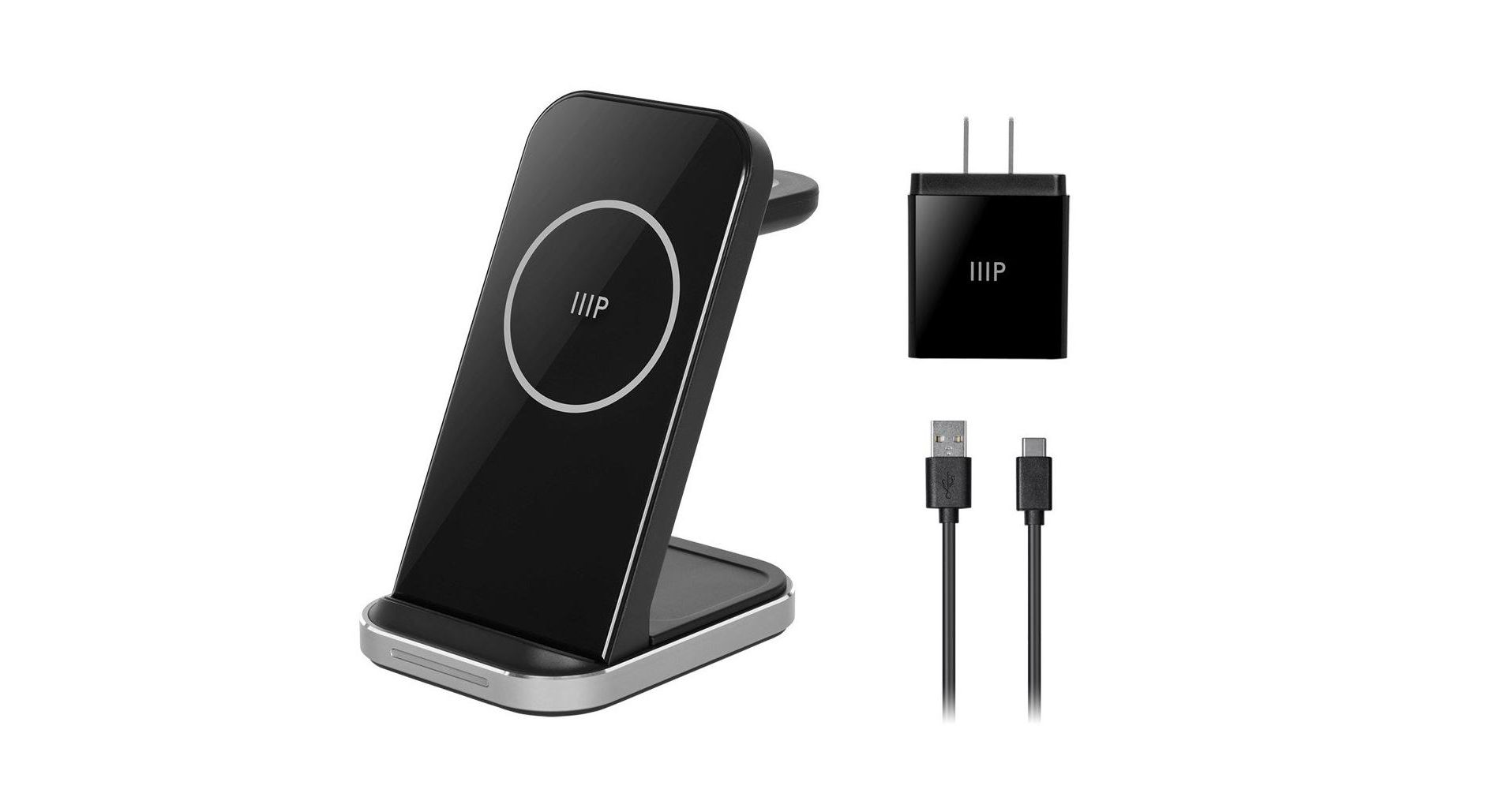 Monoprice 3-in-1 Wireless Charging Station - Bundled with 3.0 Wall Charger, Fast Charging, Detachable Watch Charger, for iPhone, Apple Watch, AirPods