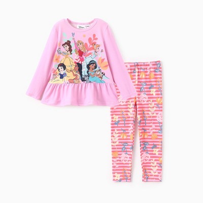 PATPAT Disney Princess Outfits Set for Toddler Girls Ruffle Hem Long-sleeve Tops Stripe Pattern leggings 2PCS
