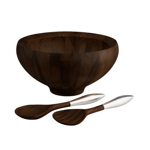 Nambe Oblong Nest Salad Bowl w/ Servers, Nambe Alloy & Acacia Wood