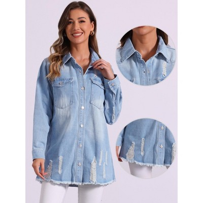INSPIRE CHIC Women's Distressed Frayed Hem Button Down Jean Jackets Light Blue X-Small — фото 2