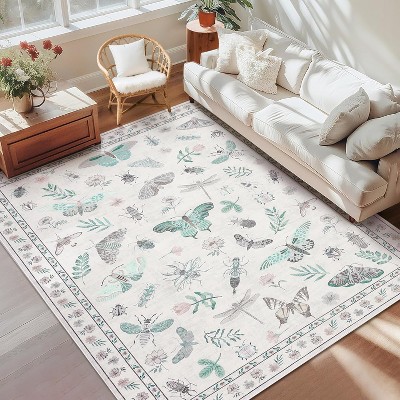 Washable Rug, Modern Floral Insect Carpet, Stain-Resistant Non-Slip Low Pile Floor Cover for Bedroom, Nursery, Classroom, Living Room