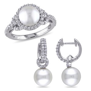 EVERLY JEWELRY | White Cultured Freshwater Pearl and 2 1/10 CT TGW White Cubic Zirconia Halo Ring and Hoop Earrings 2-Piece Set in Sterling Silver - 1 of 4