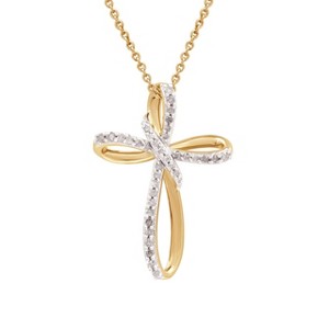 GILDED 1/4 cttw Twist Cross Pendant Necklace in 14KT Yellow Gold Plated over Sterling Silver or 925 Sterling Silver, Natural Diamond, 18" Chain - 1 of 4