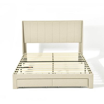 FurnitureR Bed Frame Queen with Fabric Headboard, Upholstered Bed,Wooden Slats Support, Upholstered Mattress Foundation, Beige