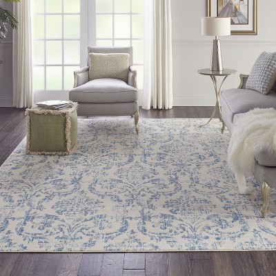 Elegant Ivory and Blue Damask 7' x 10' Synthetic Area Rug
