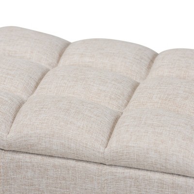Beige Tufted Fabric Storage Bench with Dark Wood Legs