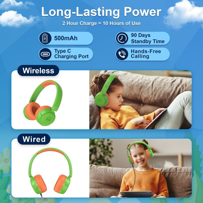 Contixo KB05 Kids Bluetooth Wireless Headphones -Volume Safe Limit 85db -On-The-Ear Adjustable Headset (Green), 3 of 12
