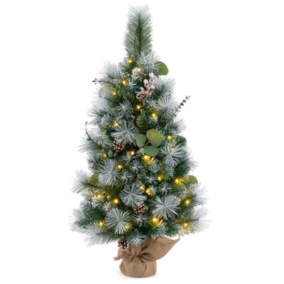 Tangkula 3 FT Artificial Entrance Christmas Tree Potted Seasonal Decoration Tree w/ 98 Snowy PVC Leaves & Snow-flocked Needles 1pc/2pcs