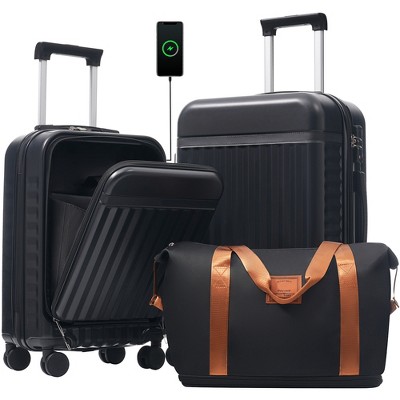 Coolife Front Opening Luggage Set 3 Piece,Hardside Carry on Suitcase with USB Port,Expandable Luggage with Handle Bag Spinner Wheels TSA Lock,Black