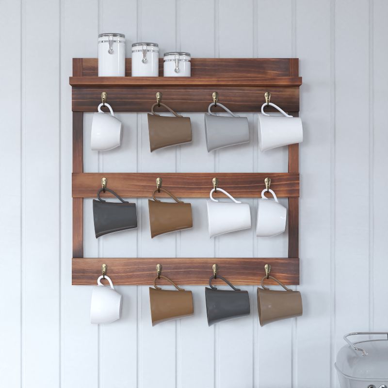 Merrick Lane Steeley Wooden Wall Mount Mug Rack Organizer with Upper Storage Shelf and Metal Hanging Hooks with No Assembly Required, 5 of 13