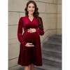 Maternity V Neck Velvet Dress Women's Ruffle Long Sleeve Cocktail Midi Dresses Photoshoot Baby Shower Fall Dress - 3 of 4