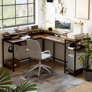L Shaped Gaming Desk,68" Computer Desk with Power Outlets & LED Lights, Corner Desk with Monitor Shelf and Hook, Two Person Desk - 1 of 4