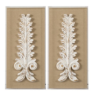 A&B Home 13.5"x27.5" Set of 2 3D Leaf Wall Arts Brown Washed White: Transitional Style, Vertical, Includes Mounting Hardware