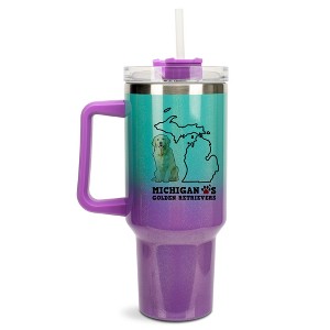 Elanze Designs The Wolverine State Michigan Loves Golden Retrievers Purple and Teal Double Wall Stainless Steel Insulated Travel Tumbler with Lid and - 1 of 4