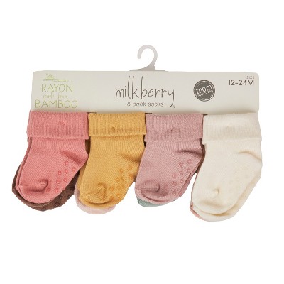 Image of Milkberry 8 Pack Rayon of Bamboo Baby Socks Non-Slip Gripper Baby Girl Solid Retro Palette Size 12-24 Months