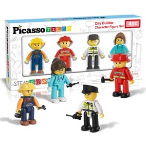 Picasso-TILES 4 PC Construction, Nurse, Fire Fighter, Police Officer Character Set, Magnetic Tiles and Brick Compatible Set, STEM Toys for Kids 3+ - 1 of 4