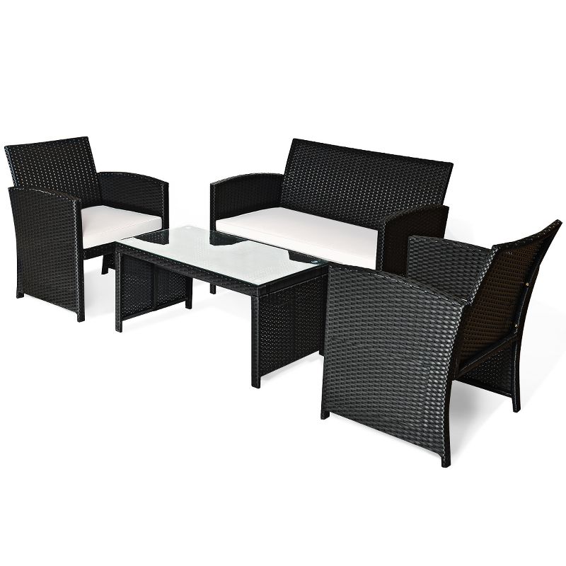 Tangkula 4 Piece Outdoor Patio Rattan Furniture Set Black Wicker Cushioned Seat For Garden, porch, Lawn, 1 of 9