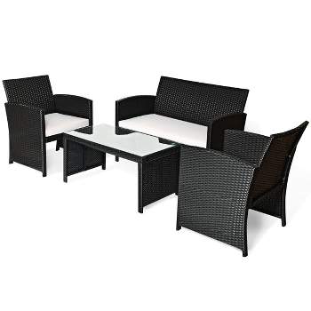 Tangkula 4 Piece Outdoor Patio Rattan Furniture Set Black Wicker Cushioned Seat For Garden, porch, Lawn