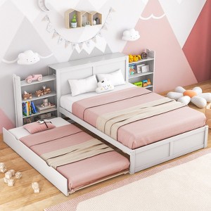 Infans Full Wooden Platform Bed with Trundle Storage Headboard Pull Out Shelves White - 1 of 4