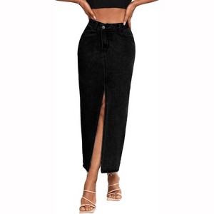 Women's High Waist Maxi Denim Skirt - A-Line Stretch Long Skirt with Front Split & Raw Hem 9010black - 1 of 4