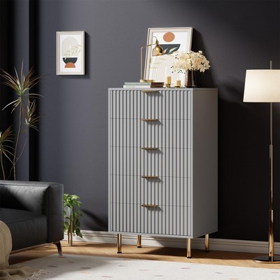 Fluted 5 Drawer Storage Dresser, Tall Modern Chest with Ample Deep Drawers and Wide Top