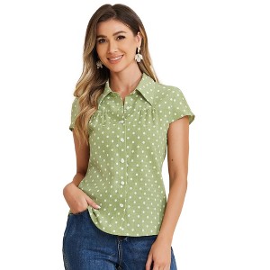 INSPIRE CHIC Women's Short Sleeve Vintage Polka Dots Button Up Blouse - 1 of 4