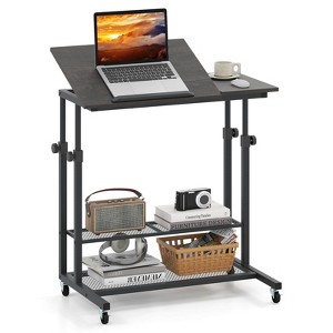 Costway Mobile Stand up Desk with Tilting Tabletop Storage Shelves Wheels for Living Room Gray/Brown - 1 of 4
