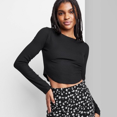 Wild Fable Womens Side Ruched Black/Gold Sparkle Long Sleeve Crop Top NWT  Small