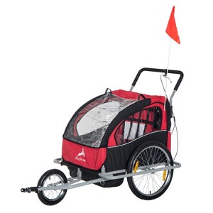 Aosom Elite Three-Wheel Bike Trailer for Kids Bicycle Cart for Two Children with 2 Security Harnesses & Storage, Red - 1 of 4