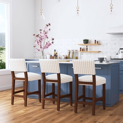 White and Black Striped Upholstered Wood Counter Stool
