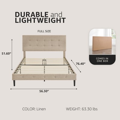 Linen Upholstered Full Platform Bed with Tufted Headboard and Wood Slats