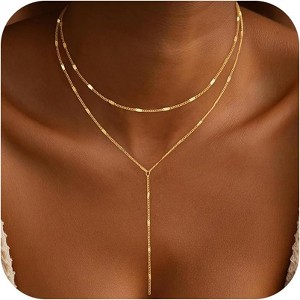 14K Gold Plated Lariat Necklace for Women - Y-Shaped Layered Bar & Beaded Chain - 1 of 4