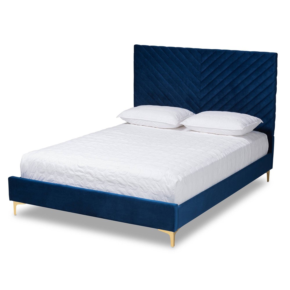 Photos - Bed Frame Queen Fabrico Velvet Fabric Upholstered and Metal Platform Bed Navy Blue/G