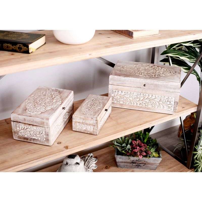 Set of 3 Natural Mango Wood Whitewashed Carved Design Boxes with Lid - Olivia &#38; May, 4 of 9