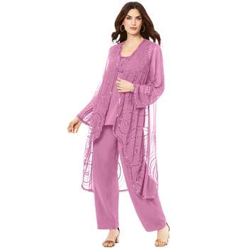 Roaman's Women's Plus Size Three-piece Duster & Pant Suit, 40 W - Pink  Painted Floral : Target