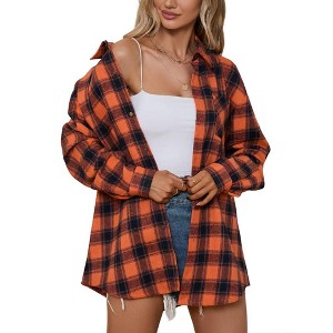 Whizmax Womens Spring Fashion 2023 Plaid Flannel Jacket Casual Long Sleeve Button Collared Neck Oversized Shirts orange S - 1 of 1