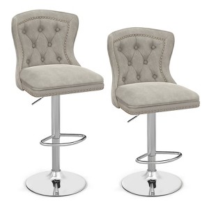 Costway Set of 2 Bar Chairs Dutch Velvet Bar Stool with Footrest Metal Base Anti-Slip Ring Pink/Beige/Grey - 1 of 4