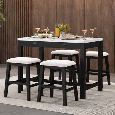 Whisen Modern 5-Piece Faux Marble Versatile Bar Table Set with Storage Drawers and Padded Stools
