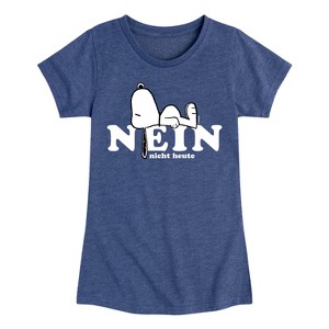 Girls' Peanuts Snoopy Nope Not Today German Fitted Short Sleeve Graphic T-Shirt - Heather Navy - 4T - 1 of 4