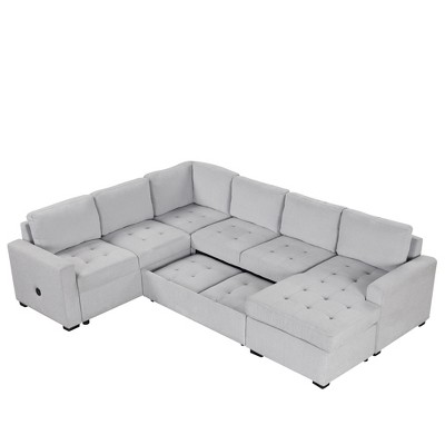 U Style Modular Combination Sofa Set, Sectional Sofa with Convertible Sofa Bed, USB and Type-C Interfaces, Footstool for Living Rooms, Offices