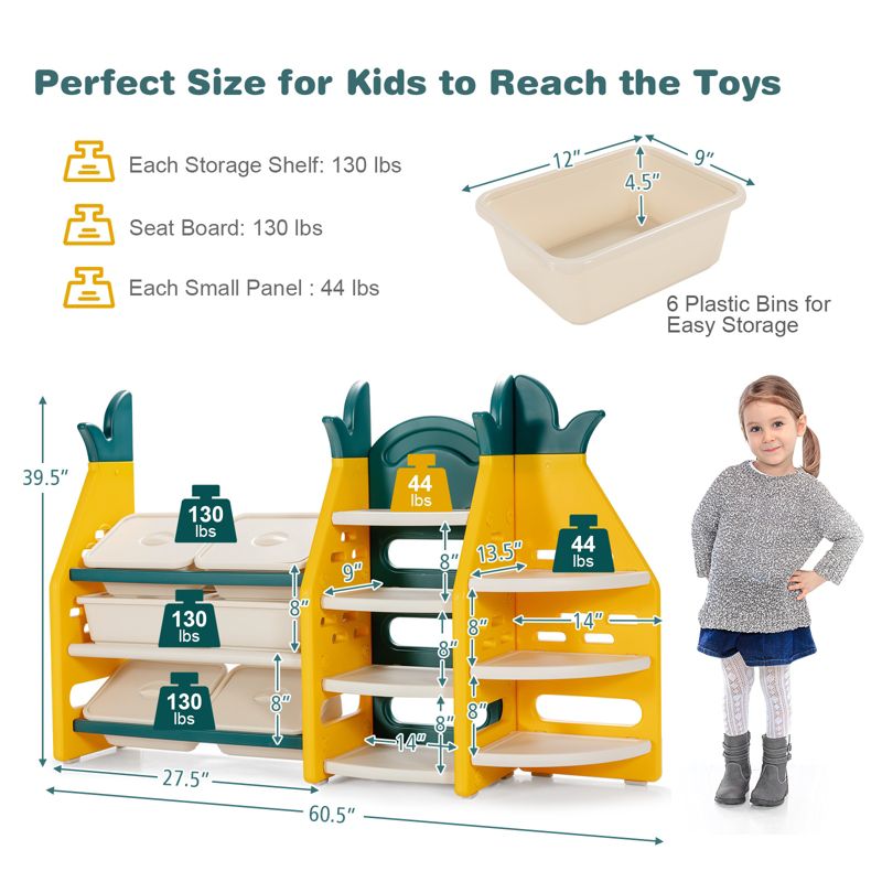 Tangkula 3-in-1 Kids Toy Storage Rack Pineapple Toy Organizer Storage Cabinet w/Plastic Bins & Shelves, 3 of 7