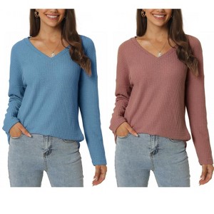 INSPIRE CHIC Women's V Neck Waffle Knit Long Sleeve Casual Tunic Blouses 2 Packs - 1 of 4