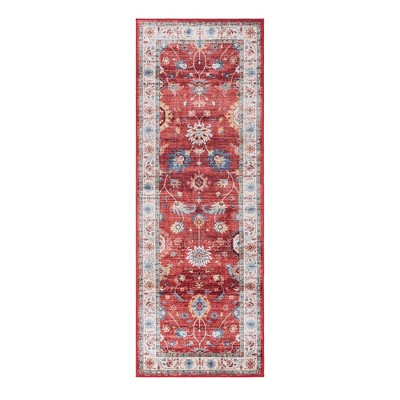 Red and Cream Floral Washable Synthetic Runner Rug