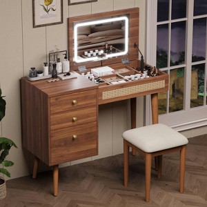 Angel Sar 39" Retro Bohemian Vanity Desk with LED Mirror, Flip-Top Dressing Table with 3 Drawers, Makeup Vanity Set, Walnut - 1 of 4