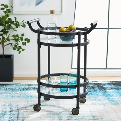 Contemporary Chic Matte Black Round Bar Cart with Glass Shelves