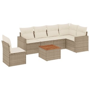 vidaXL 7 Piece Patio Sofa Set with Cushions Beige Poly Rattan - 3x Middle + Table + Corner - 1 of 4