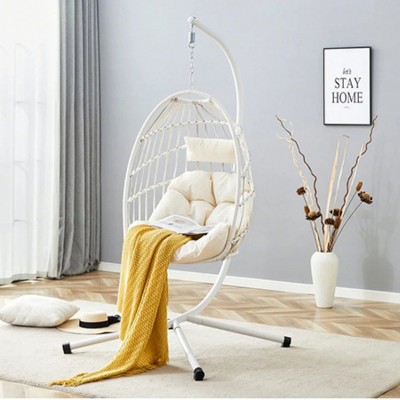 Indoor Metal Hanging Egg Chair with Stand,Handwoven PE Rattan with Cushion,Weatherproof Outdoor Patio Lounge Swing-Cuddlewood