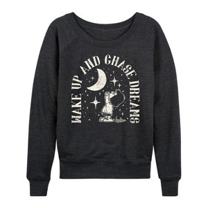 Women's - Peanuts - Wake Up And Chase Dreams Lightweight French Terry Wide Neck Long Sleeve Shirt - 1 of 4