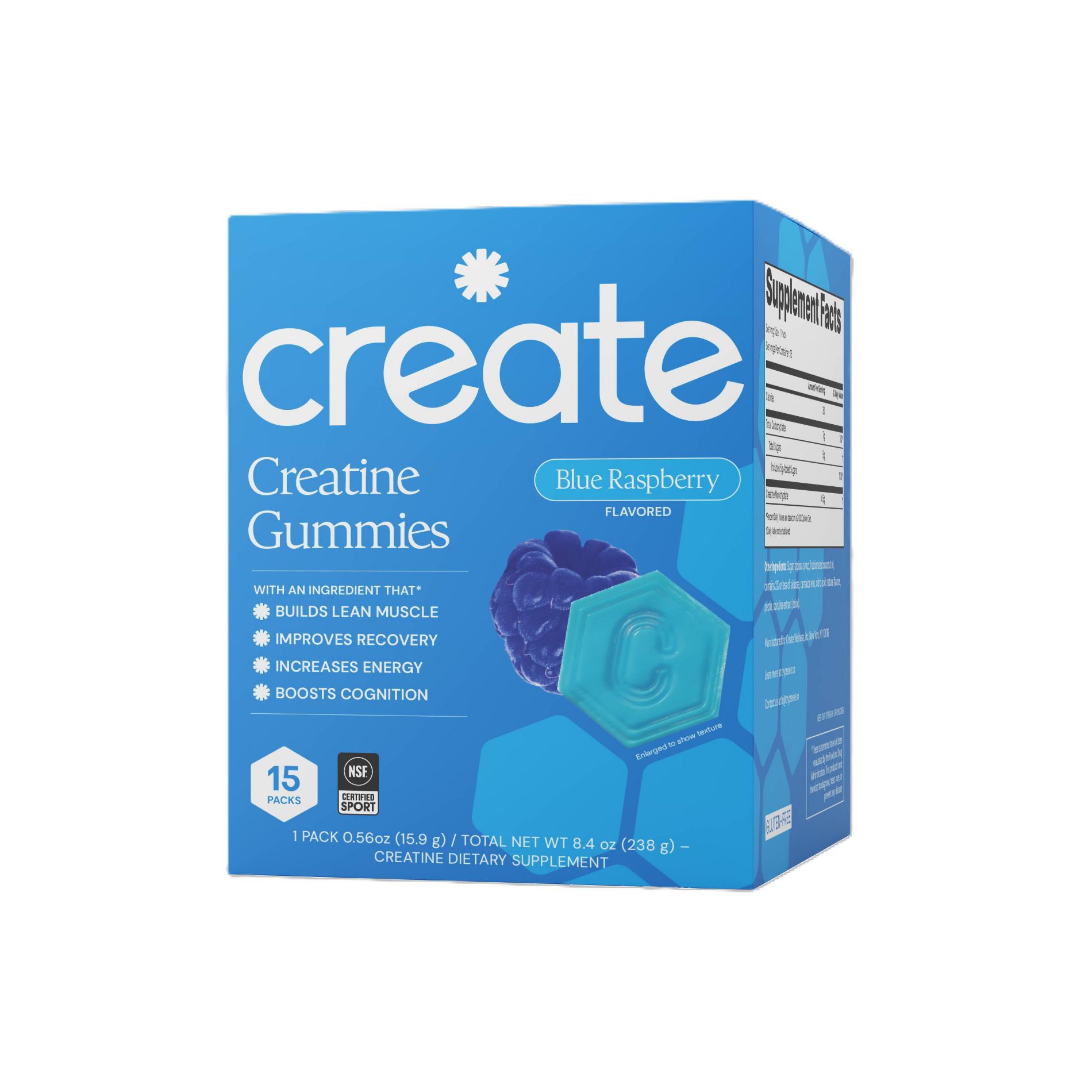 Create Wellness Gummies Made with Pure Creatine Monohydrate NSF Certified for Sport - Blue Raspberry - 45ct/15 Servings
