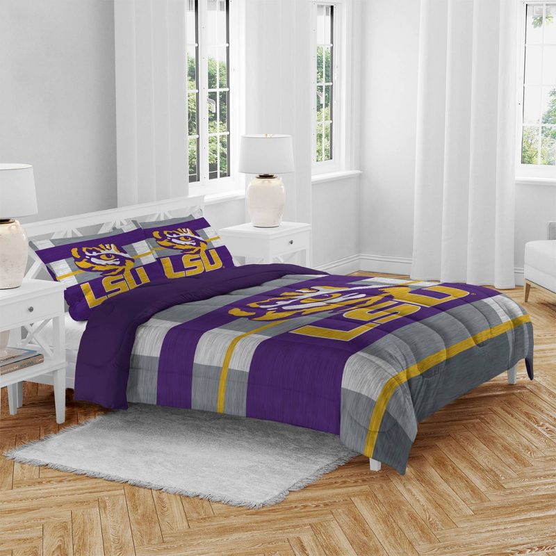 NCAA LSU Tigers Heathered Stripe Queen Bedding Set in a Bag - 3pc, 1 of 4